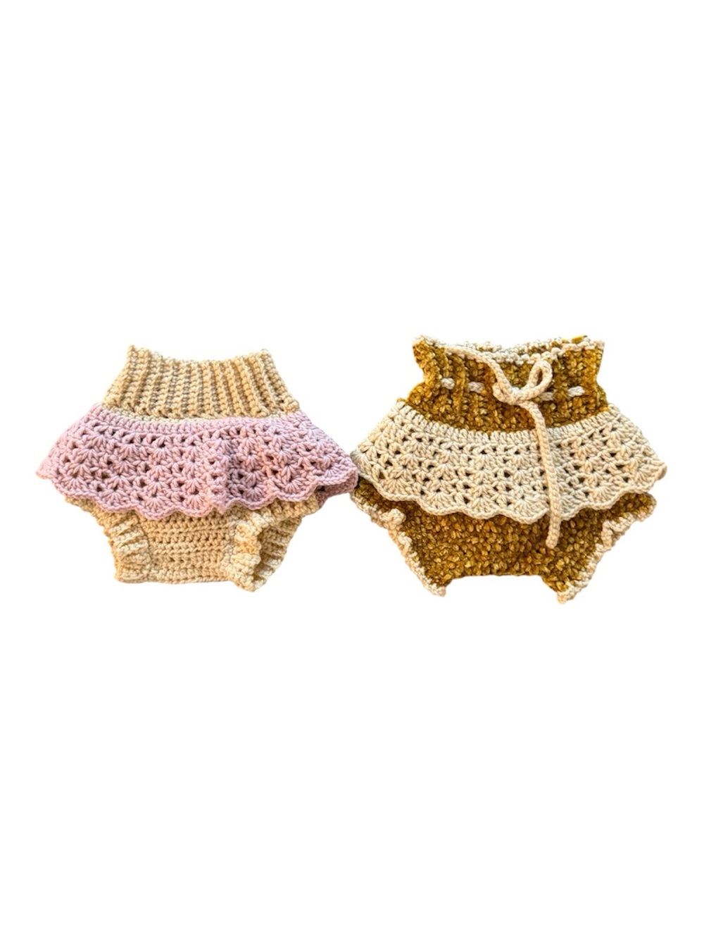 Bundle of 2 Handmade Crochet Baby Bloomers with Ruffle and Flower Pink & Mustard
